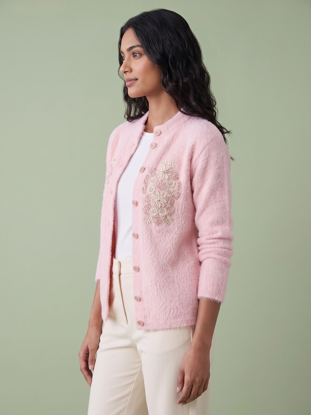 Peachmode Baby Pink Woolen Embroidered Cardigan - Image 3