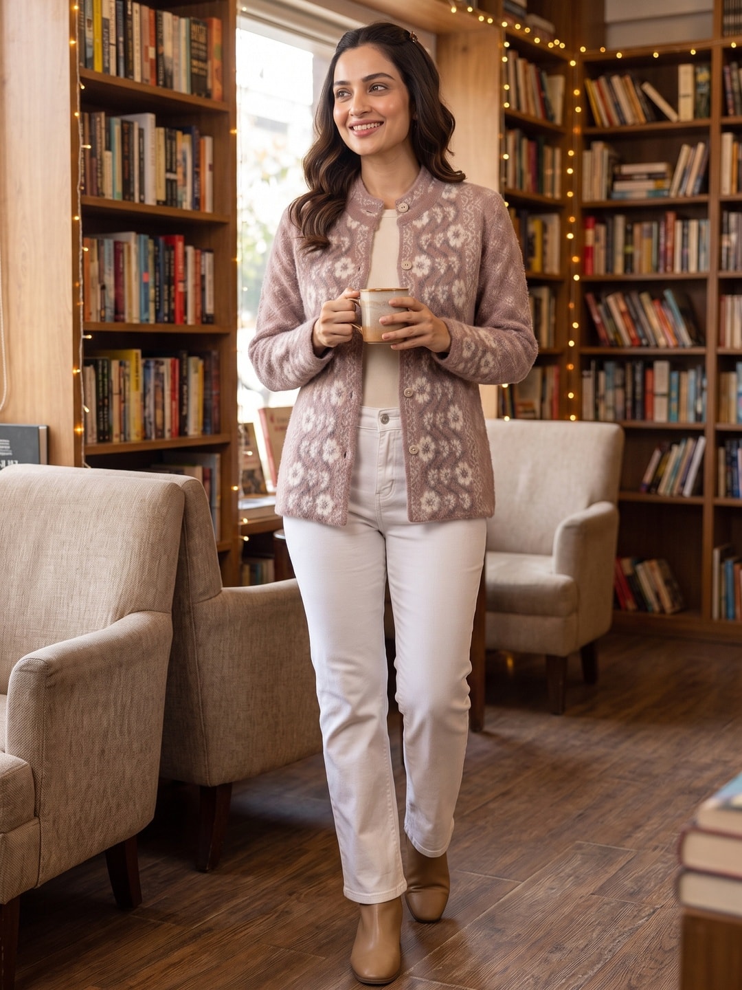 Purple Floral Vine Woolen Cardigan - Image 2