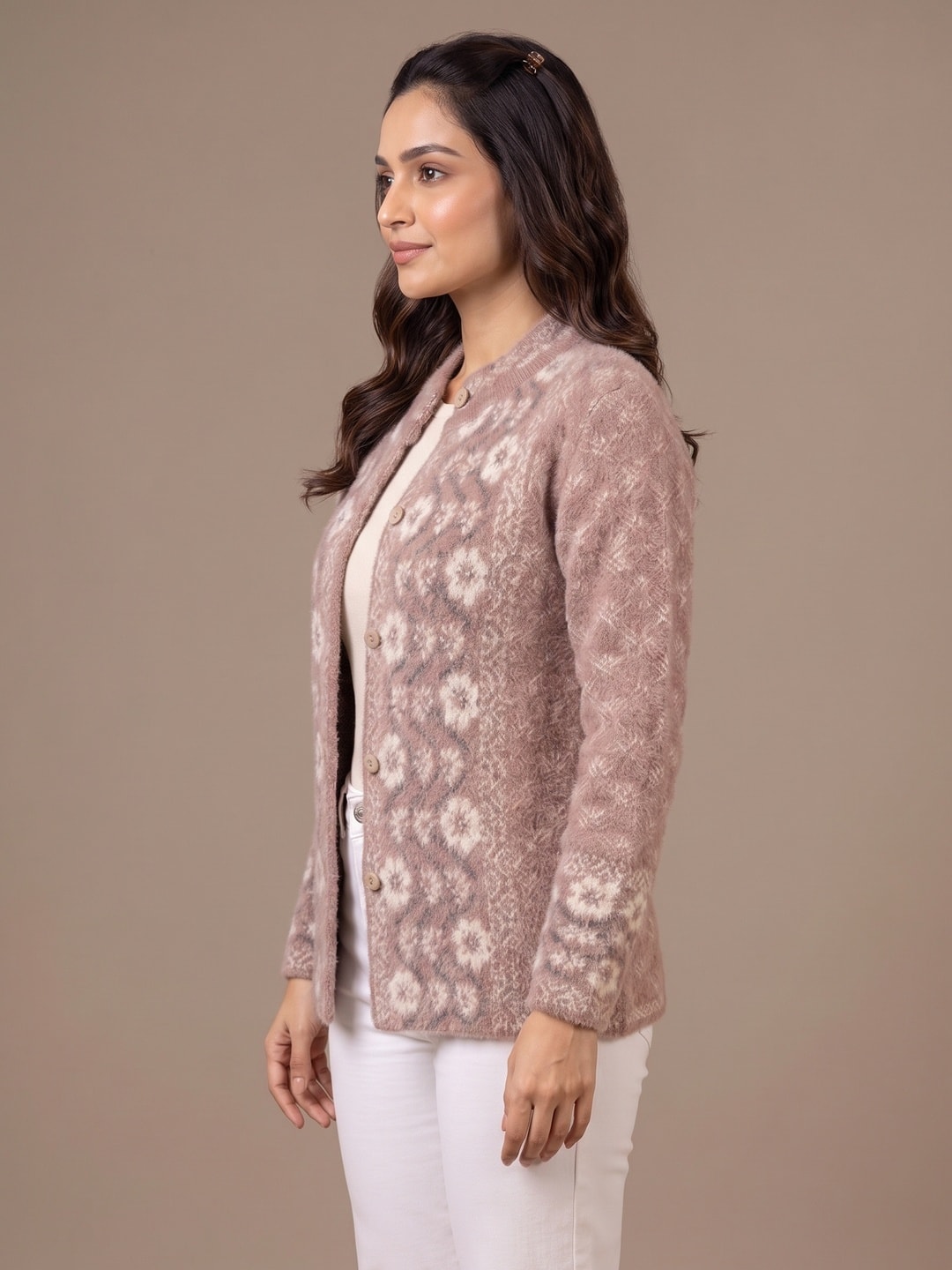 Purple Floral Vine Woolen Cardigan - Image 3