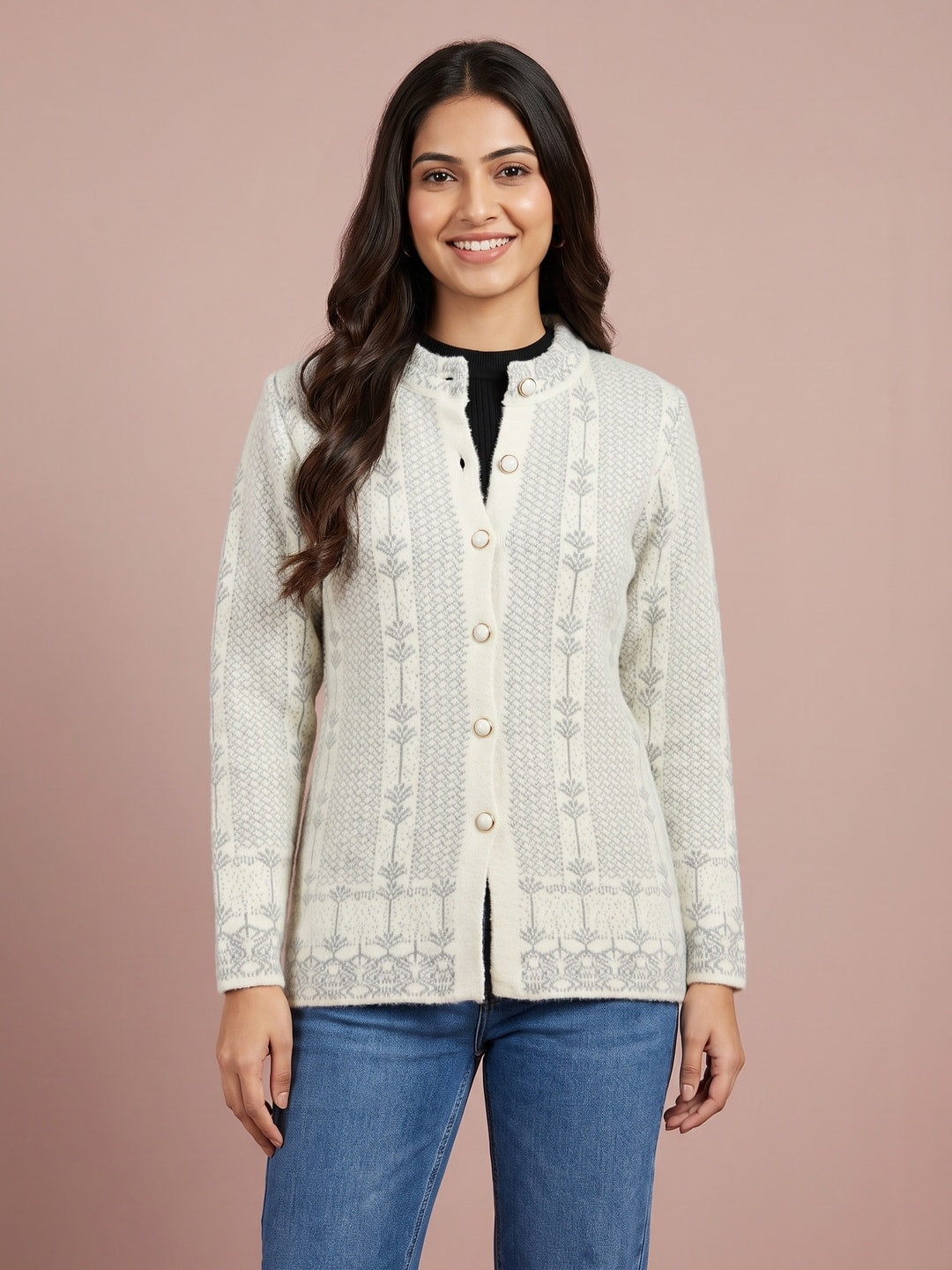 Peachmode Cream Leaf Jacquard Embroidered Woolen Cardigan - Image 1