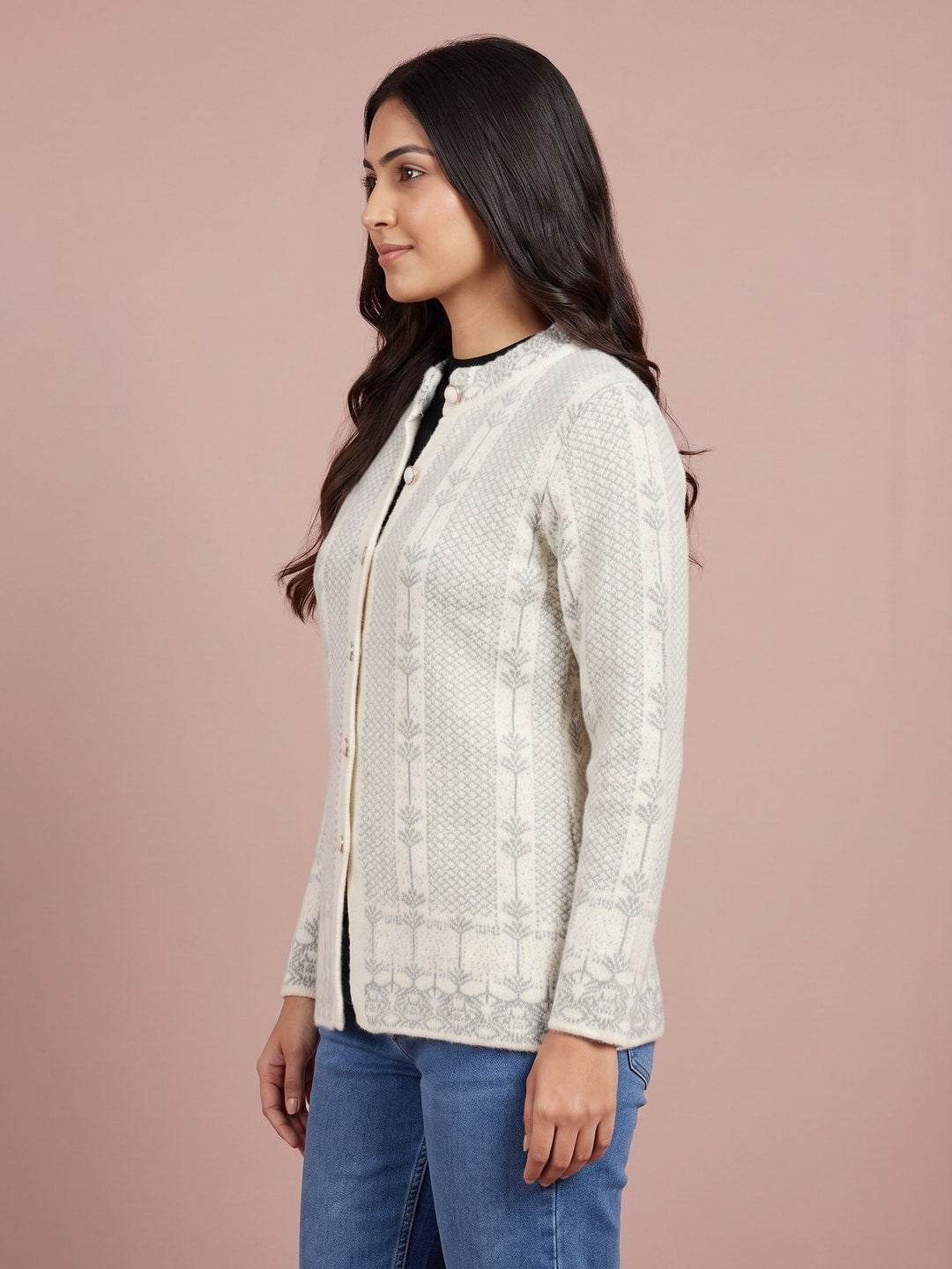 Peachmode Cream Leaf Jacquard Embroidered Woolen Cardigan - Image 3