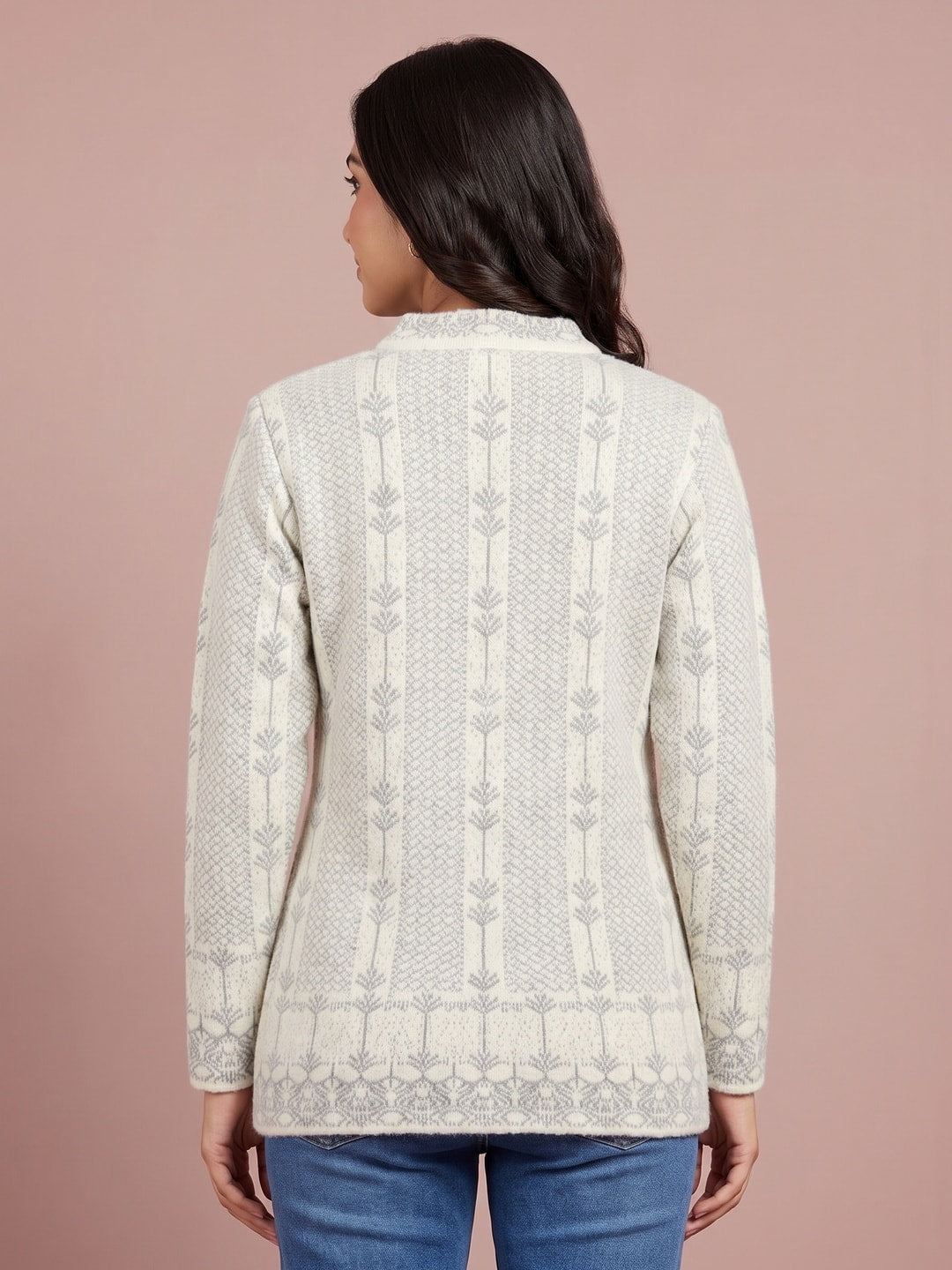 Peachmode Cream Leaf Jacquard Embroidered Woolen Cardigan - Image 4