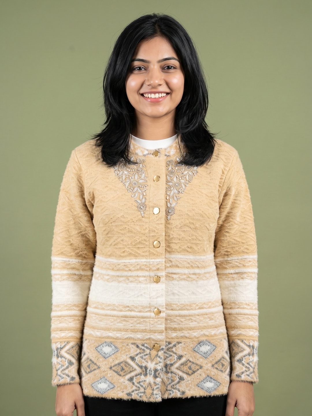 Peachmode Beige Cable Knit Aztec Border Woolen Cardigan - Image 1