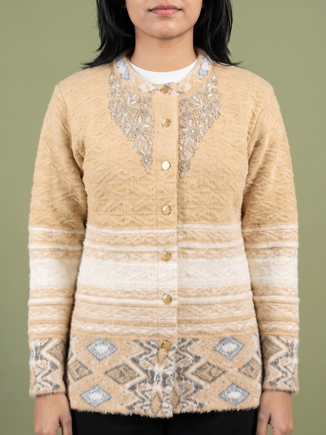 Peachmode Beige Cable Knit Aztec Border Woolen Cardigan - Image 5