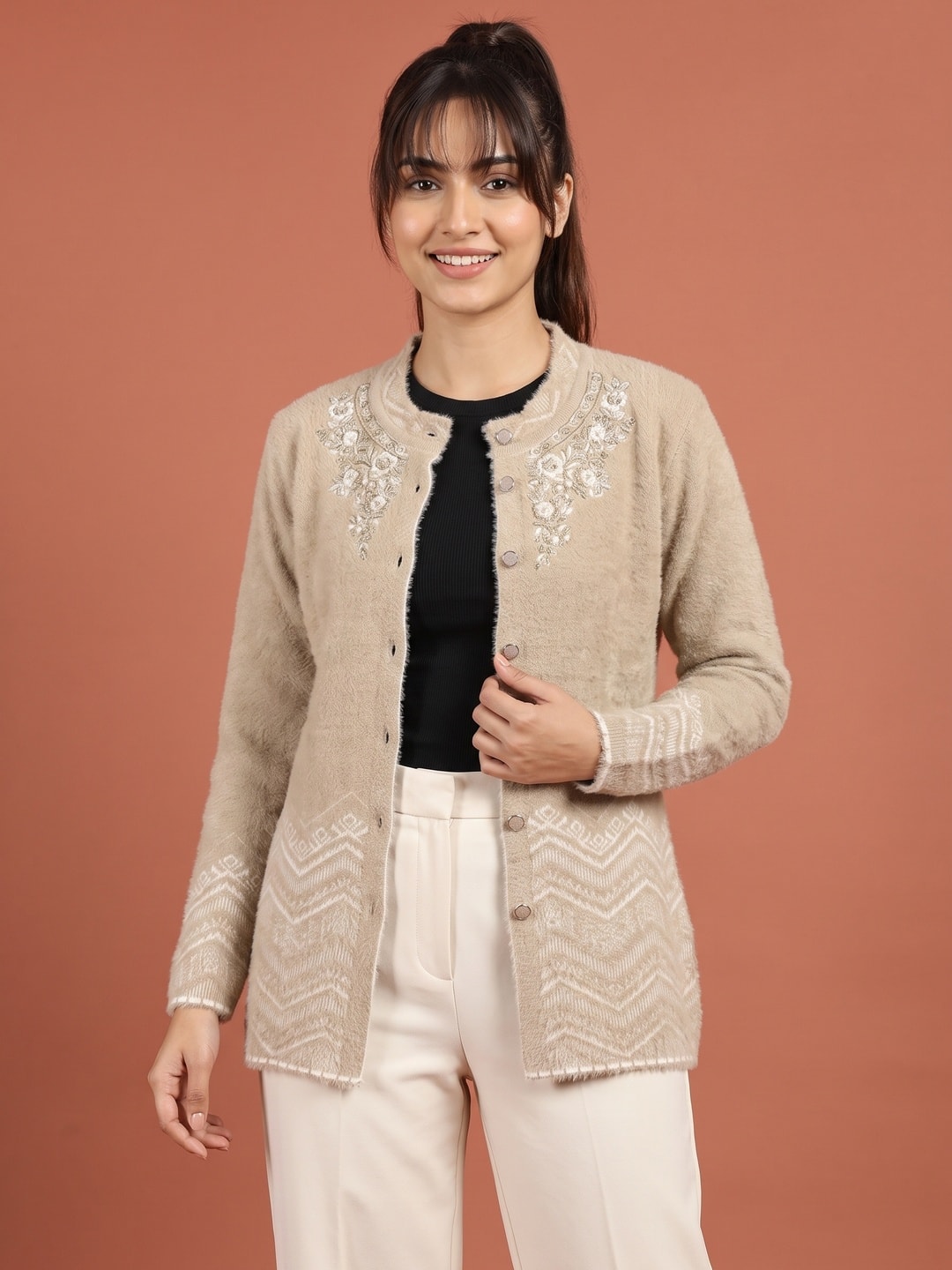 Peachmode Camel Brown Floral Yoke Chevron Hem Woolen Cardigan - Image 1