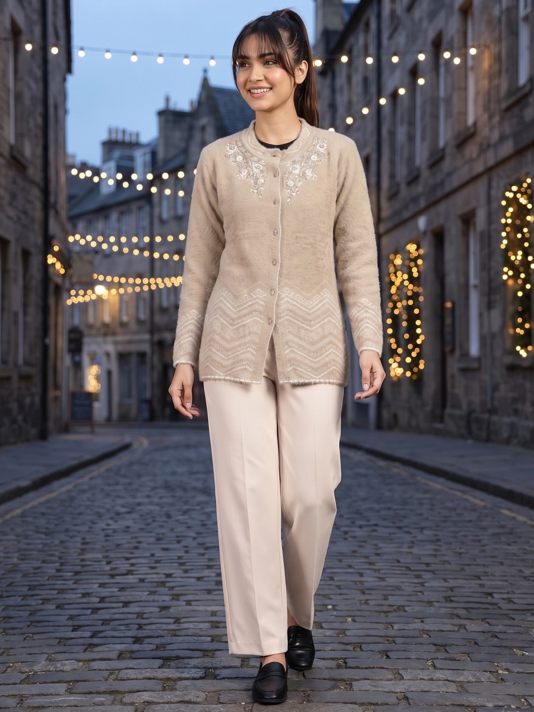 Peachmode Camel Brown Floral Yoke Chevron Hem Woolen Cardigan - Image 2