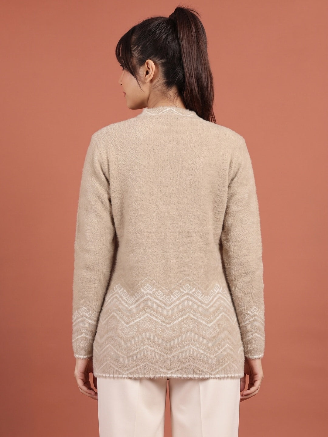 Peachmode Camel Brown Floral Yoke Chevron Hem Woolen Cardigan - Image 4