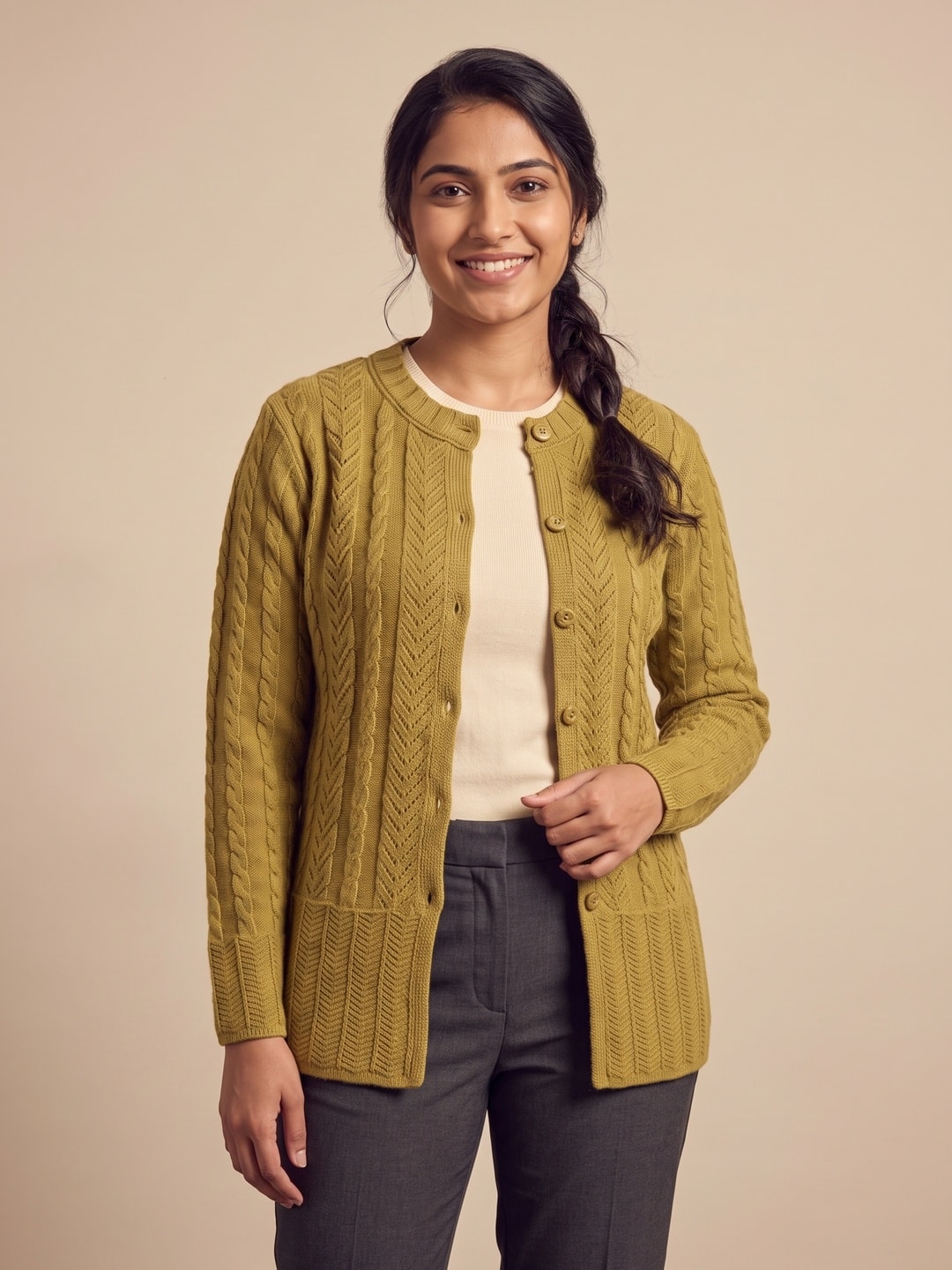 Mehndi Woolen Knit Cardigan - Image 1