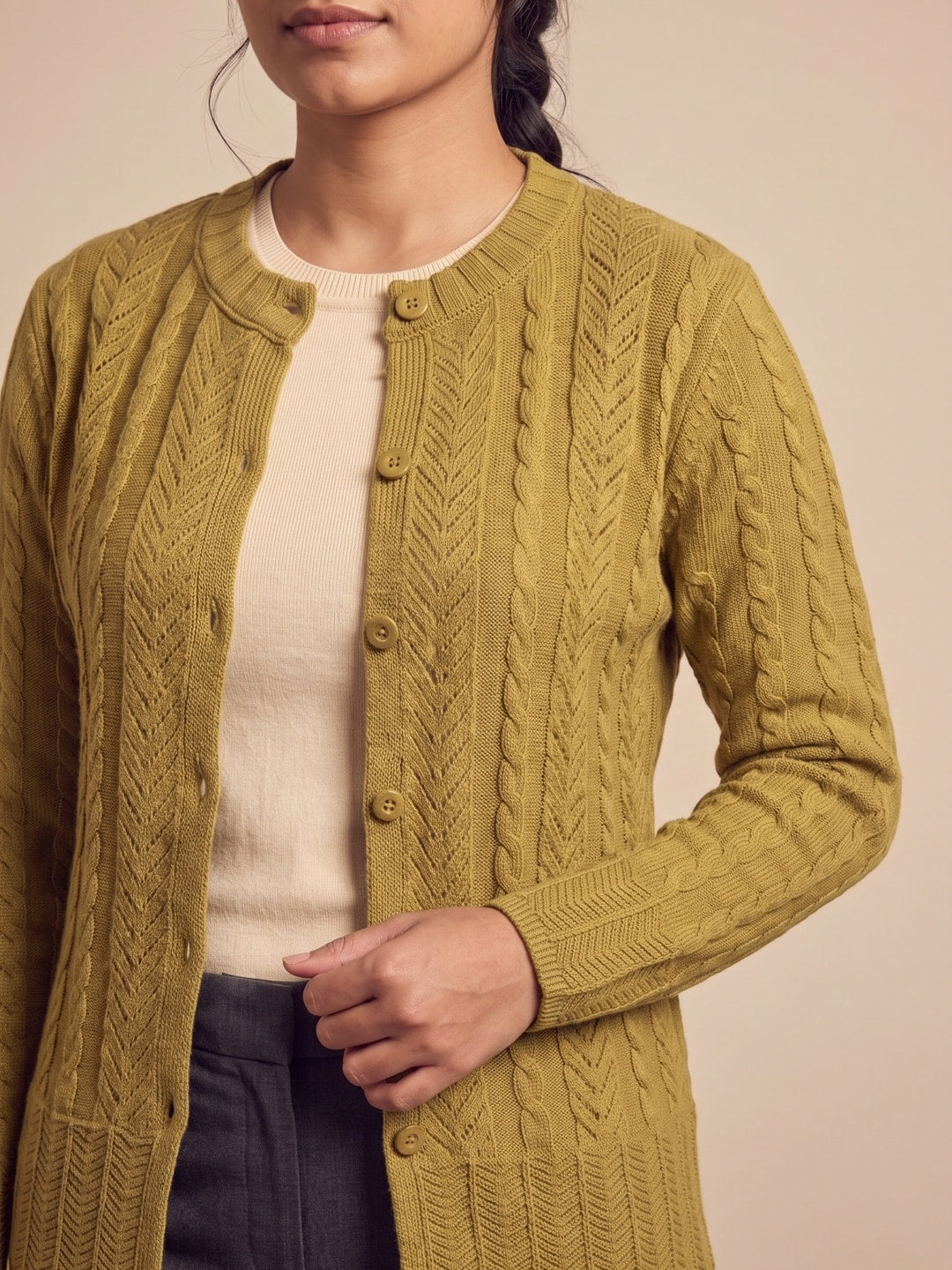 Mehndi Woolen Knit Cardigan - Image 5