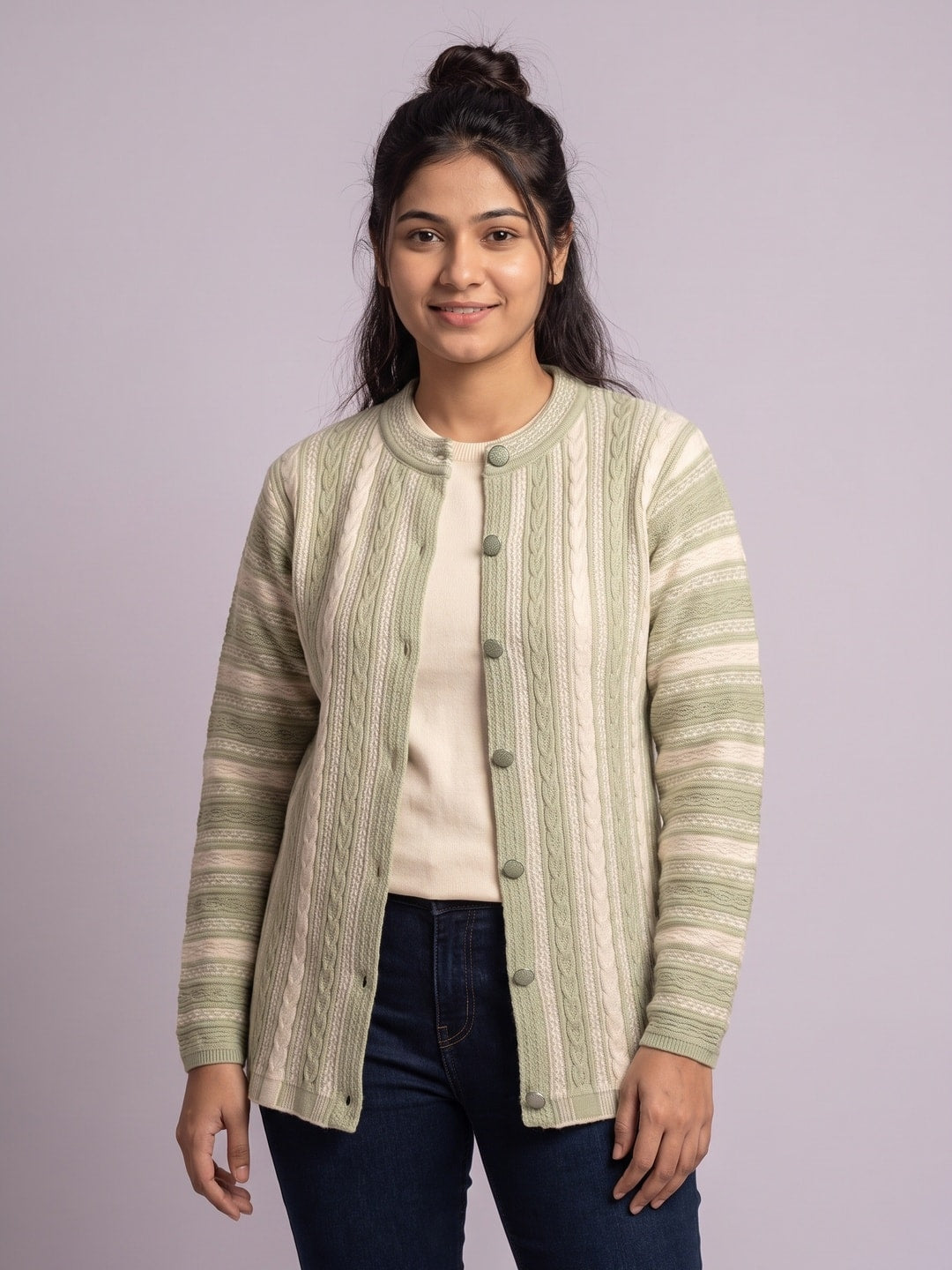 Light Green Woolen Knit Cardigan - Image 1