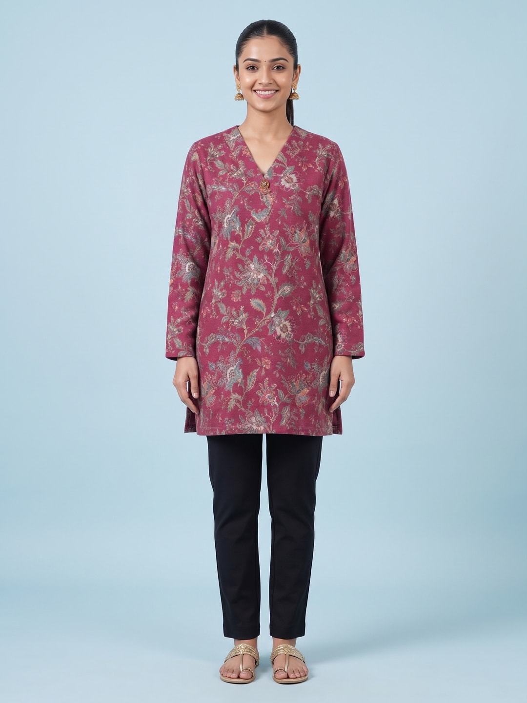 Peachmode DPINK Woolen Floral Printed Kurti - Image 1