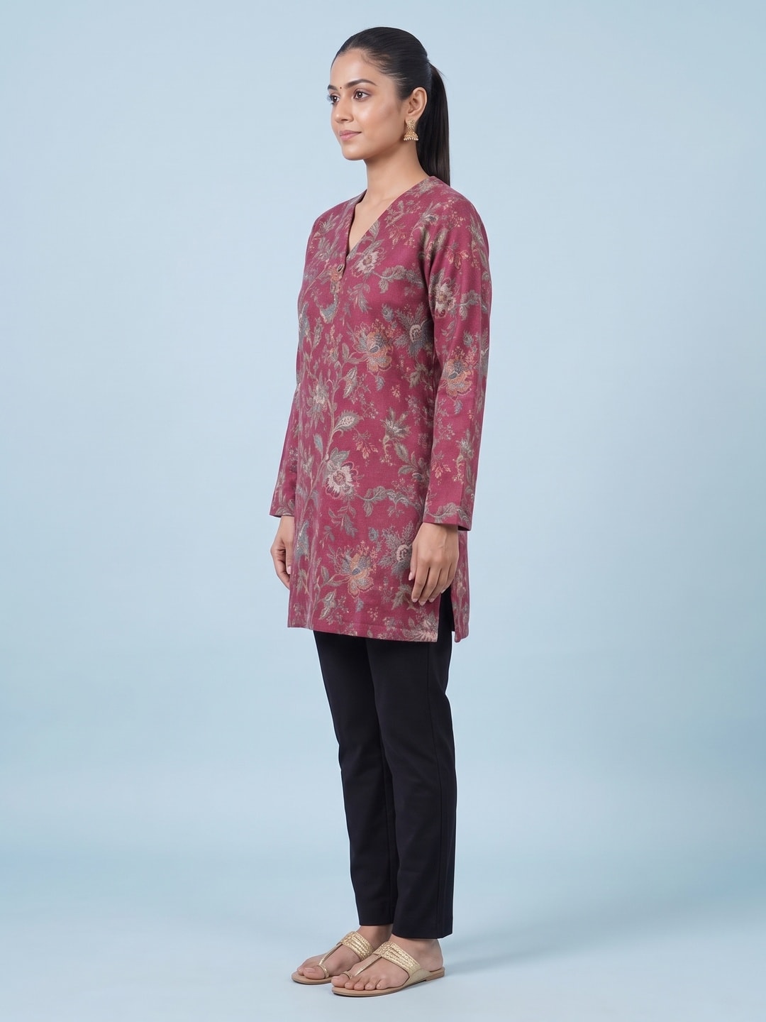Peachmode DPINK Woolen Floral Printed Kurti - Image 3
