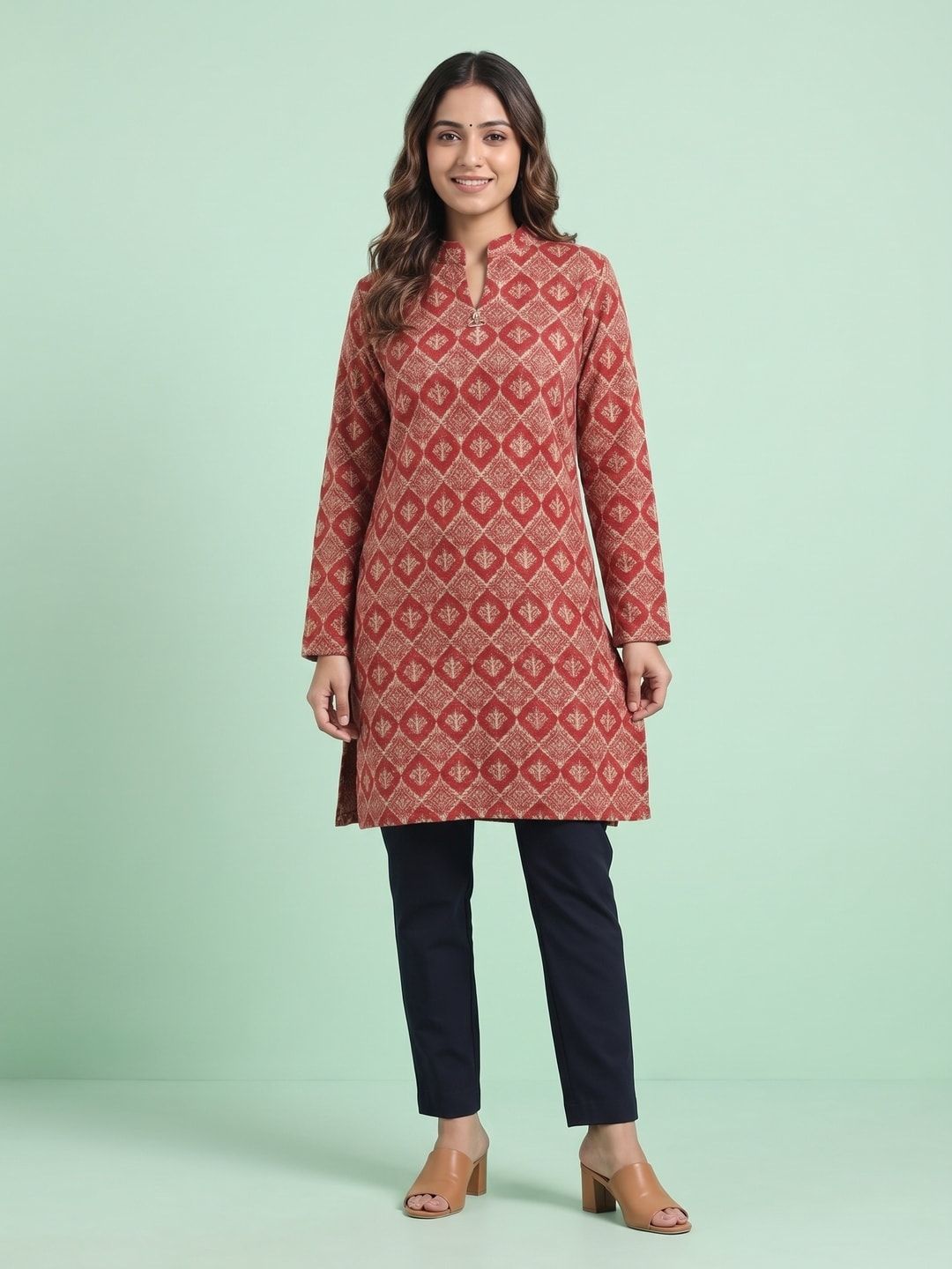 Peachmode Red Woolen Geometric Floral Printed Kurti - Image 1