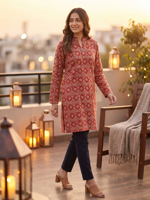 Peachmode Red Woolen Geometric Floral Printed Kurti - Image 2