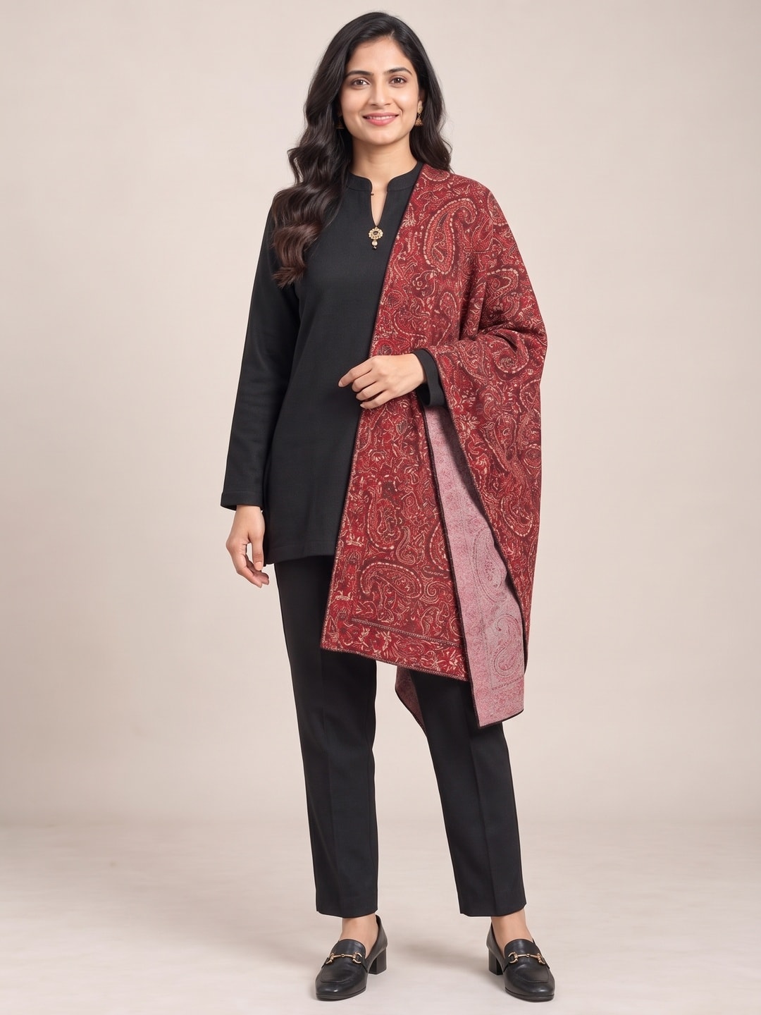 Peachmode Maroon Paisley Woolen Top Bottom Set - Image 1