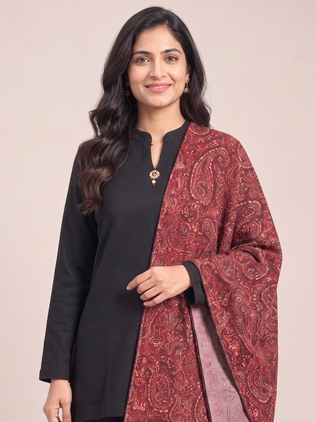 Peachmode Maroon Paisley Woolen Top Bottom Set - Image 5