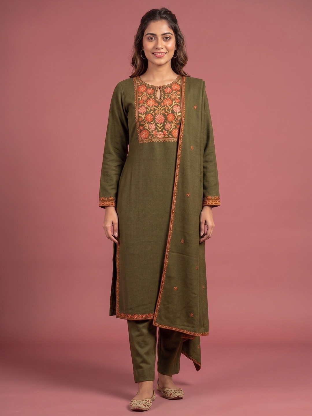 Peachmode Olive Green Woolen Salwar Suit With Floral Embroidery - Image 1