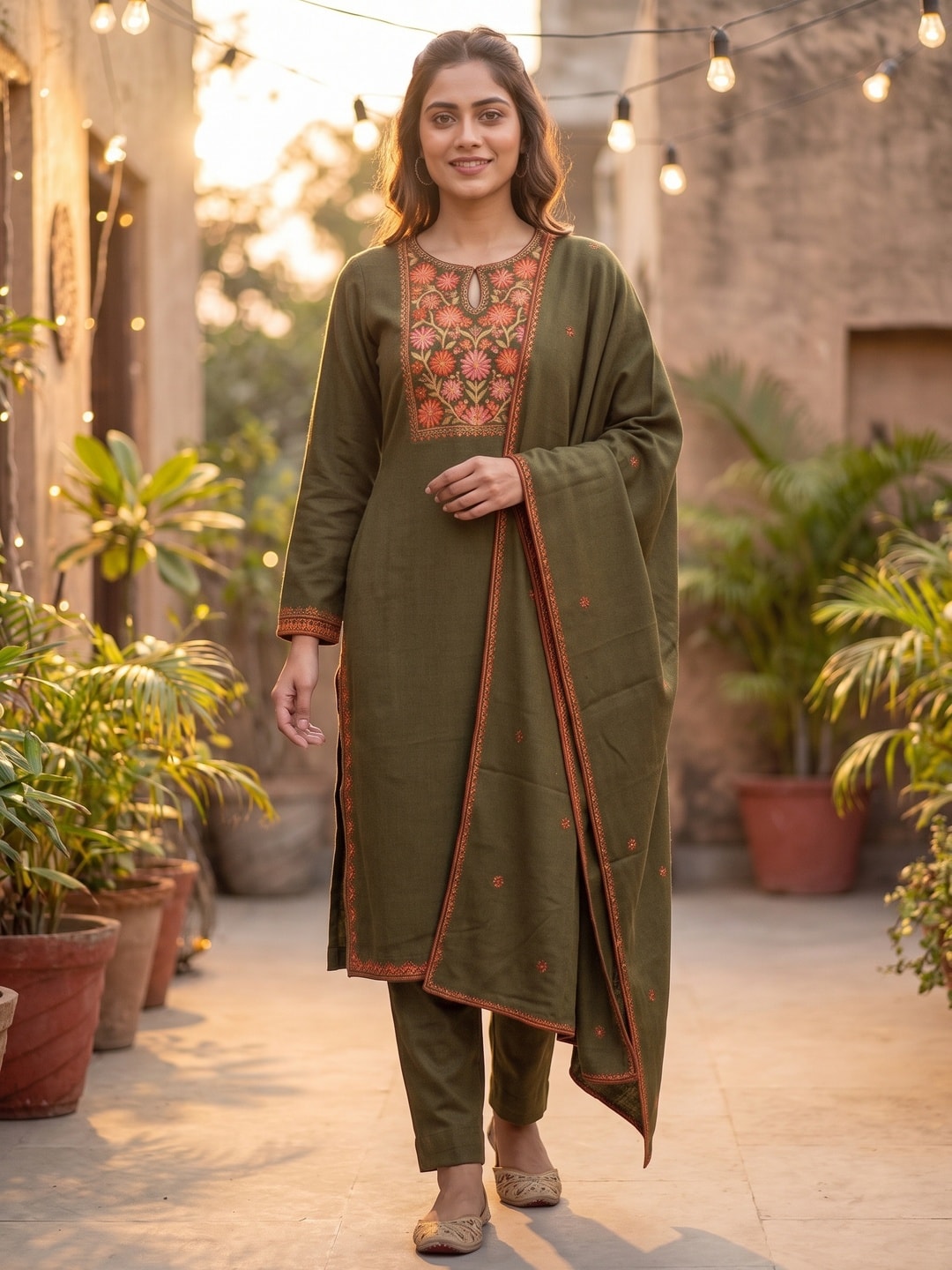 Peachmode Olive Green Woolen Salwar Suit With Floral Embroidery - Image 2