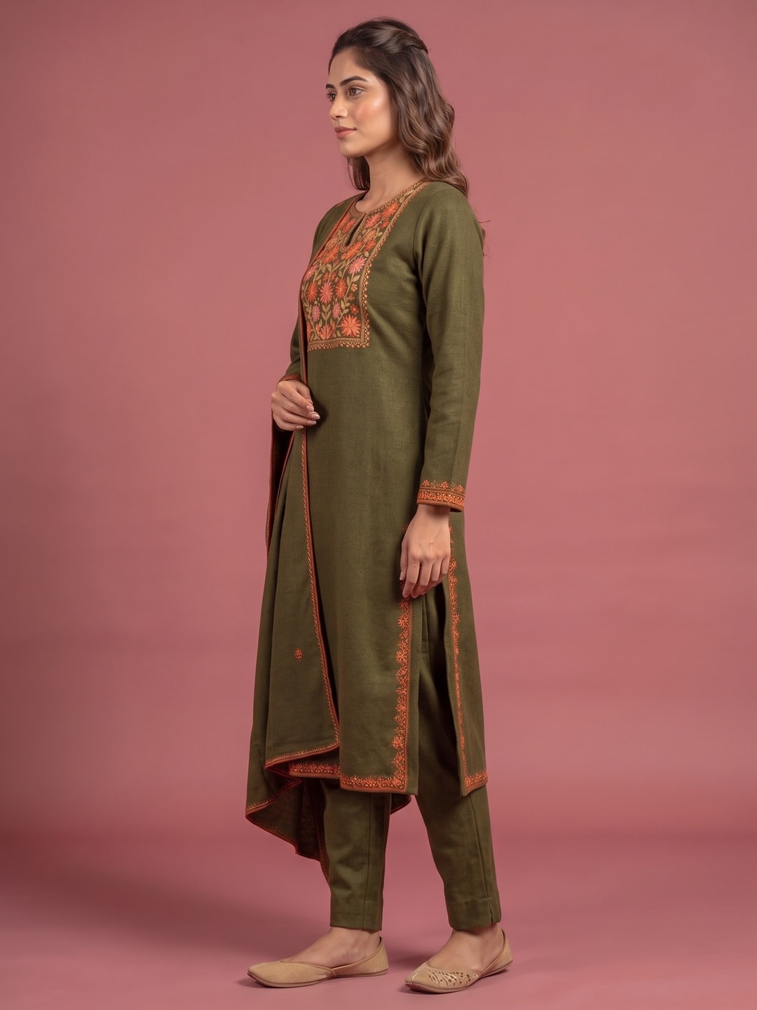 Peachmode Olive Green Woolen Salwar Suit With Floral Embroidery - Image 3