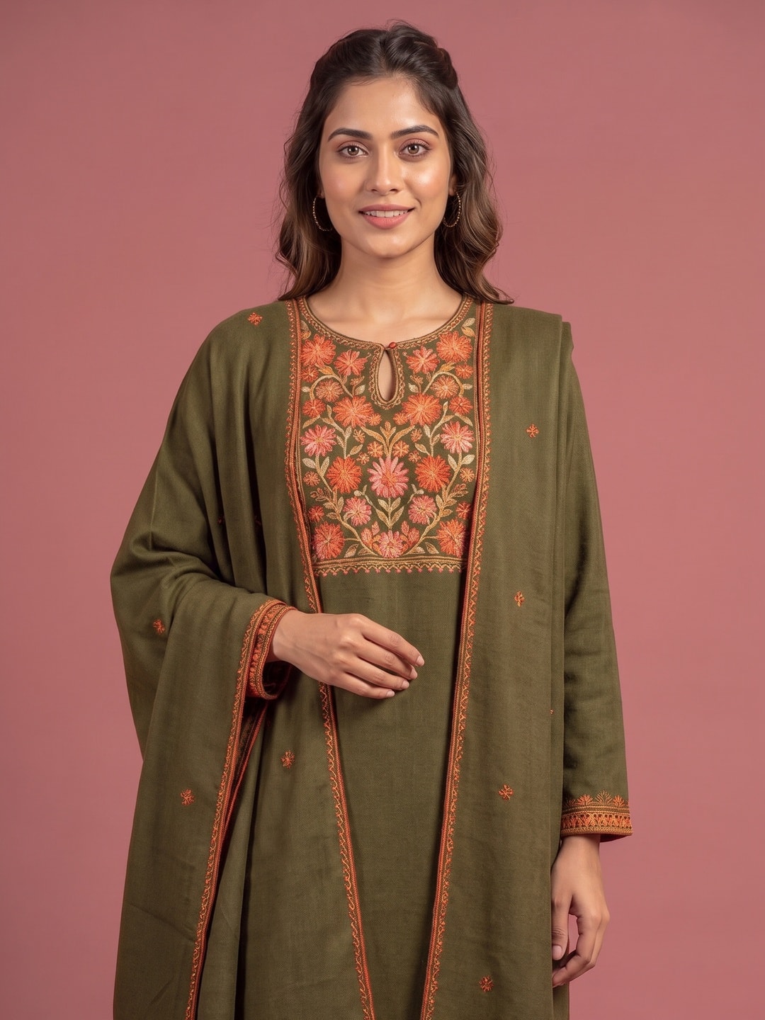 Peachmode Olive Green Woolen Salwar Suit With Floral Embroidery - Image 5