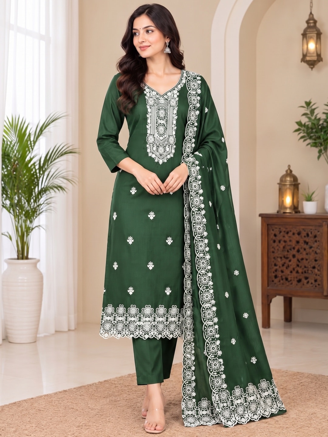 Peachmode Green Chikankari Thread Work Jalpari Silk Dress Material - Image 2