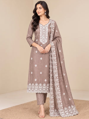 Peachmode Coffee Brown Chikankari Thread Work Jalpari Silk Dress Material - Image 2