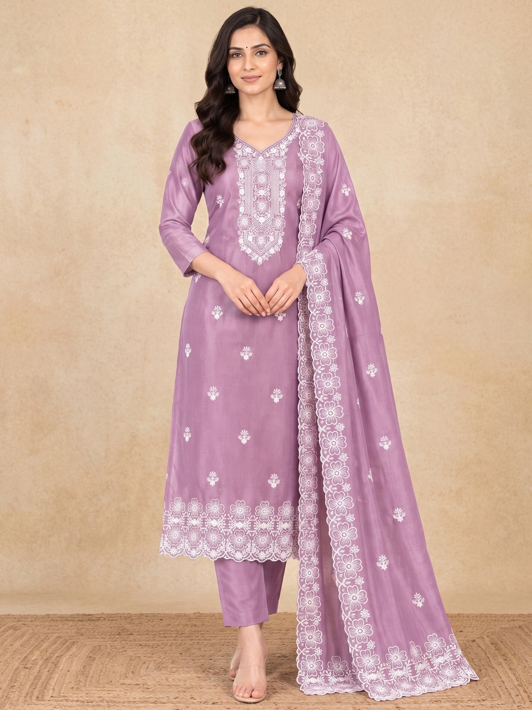 Peachmode Purple Chikankari Thread Work Jalpari Silk Dress Material - Image 2