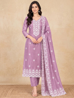 Peachmode Purple Chikankari Thread Work Jalpari Silk Dress Material - Image 2