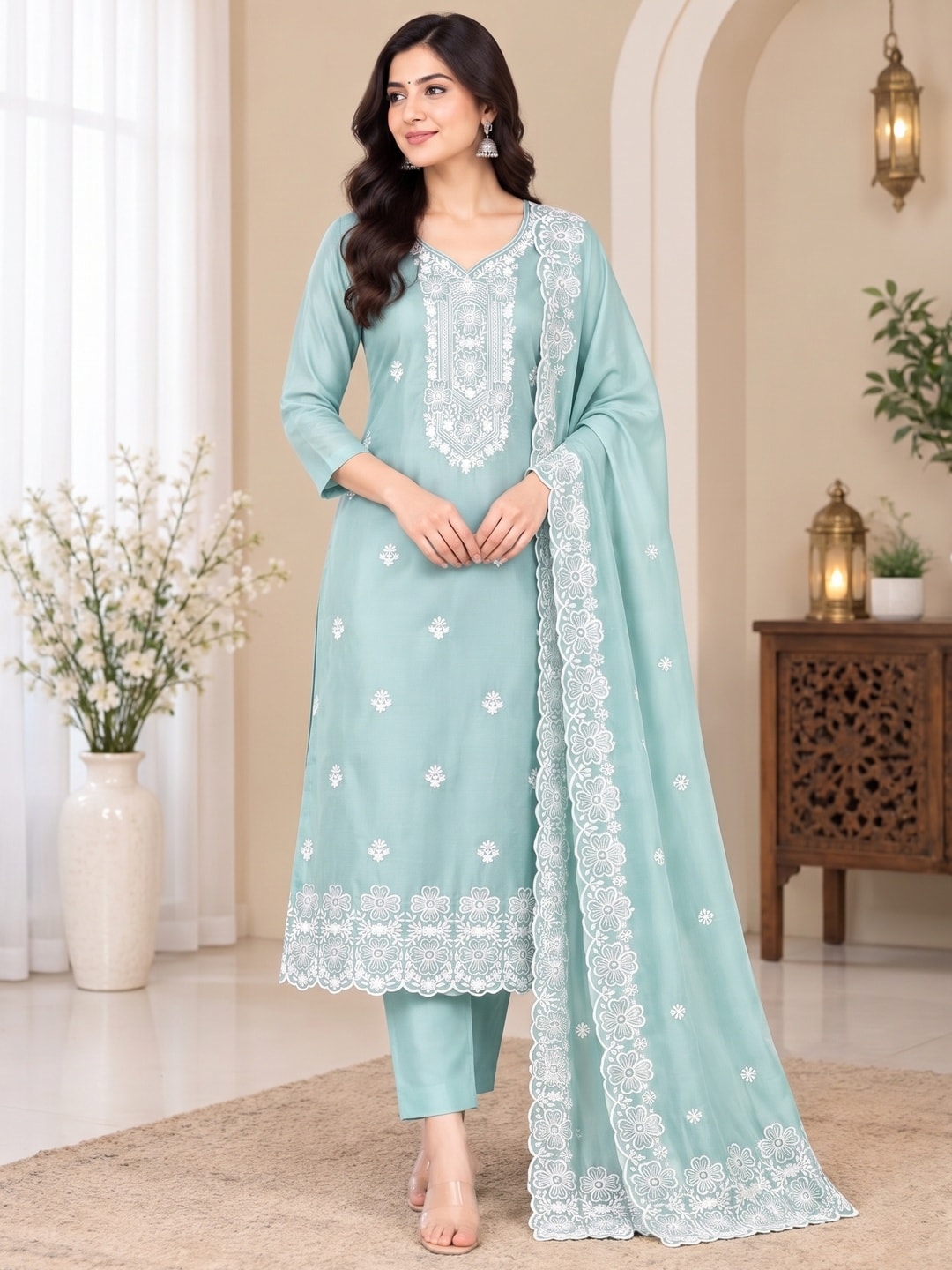 Peachmode Sea Green Chikankari Thread Work Jalpari Silk Dress Material - Image 2