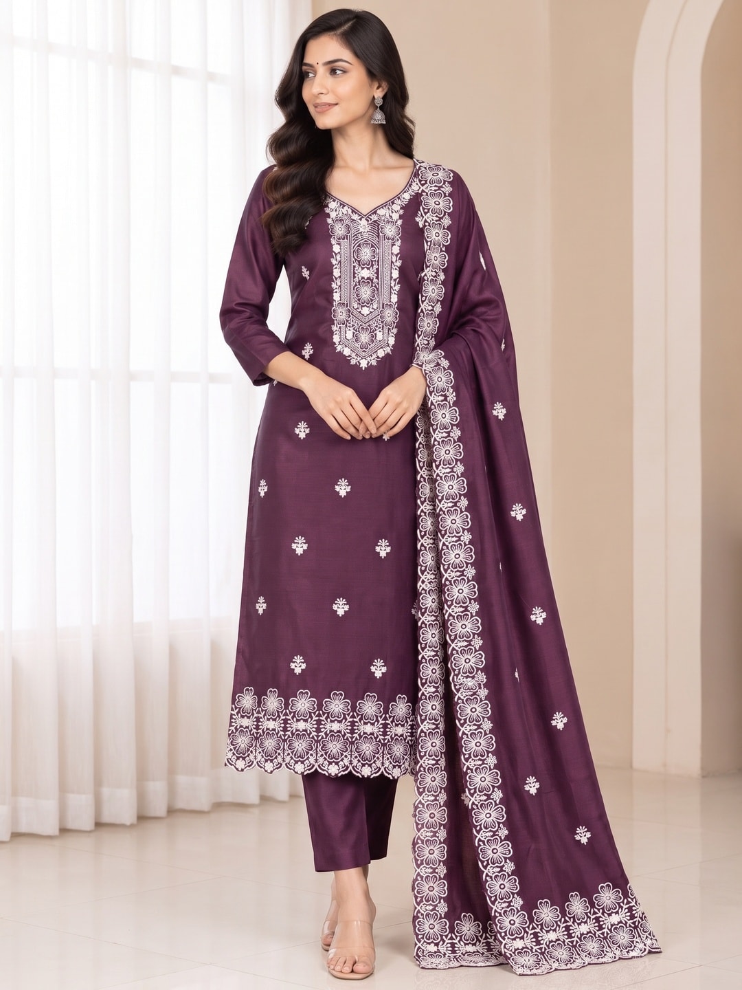 Peachmode Wine Chikankari Thread Work Jalpari Silk Dress Material - Image 2