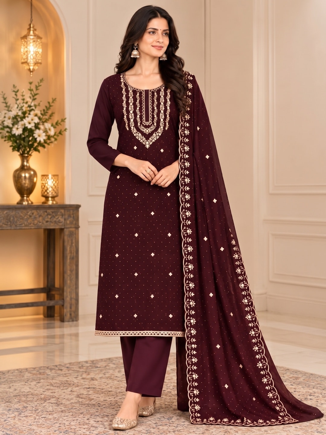 Peachmode Coffee Brown Zari Work Georgette Dress Material - Image 2