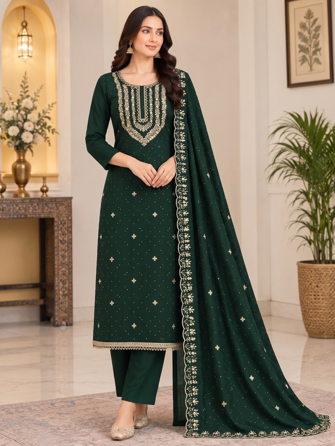 Peachmode Green Zari Work Georgette Dress Material - Image 2