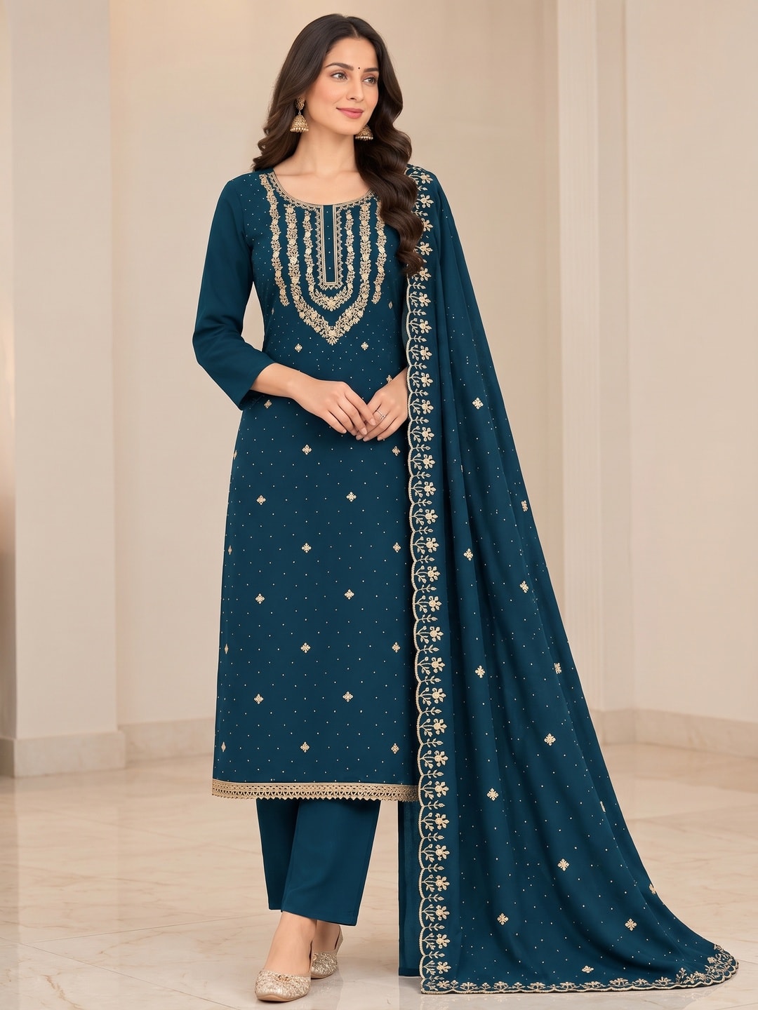 Peachmode Teal Zari Work Georgette Dress Material - Image 2