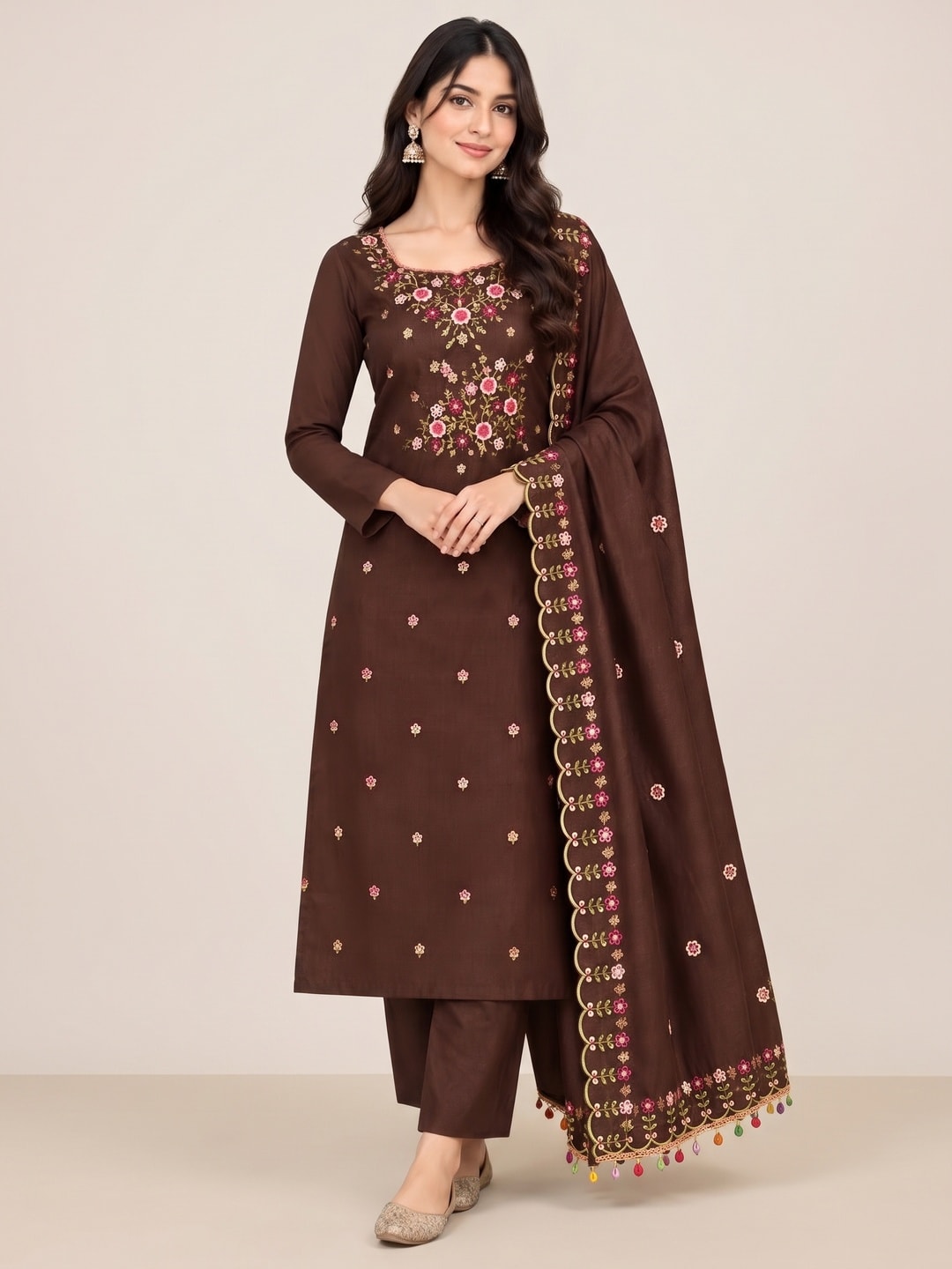 Peachmode Coffee Brown Multi Thread Floral Embroidered Jalpari Silk Dress Material - Image 2