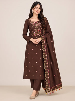 Peachmode Coffee Brown Multi Thread Floral Embroidered Jalpari Silk Dress Material - Image 2
