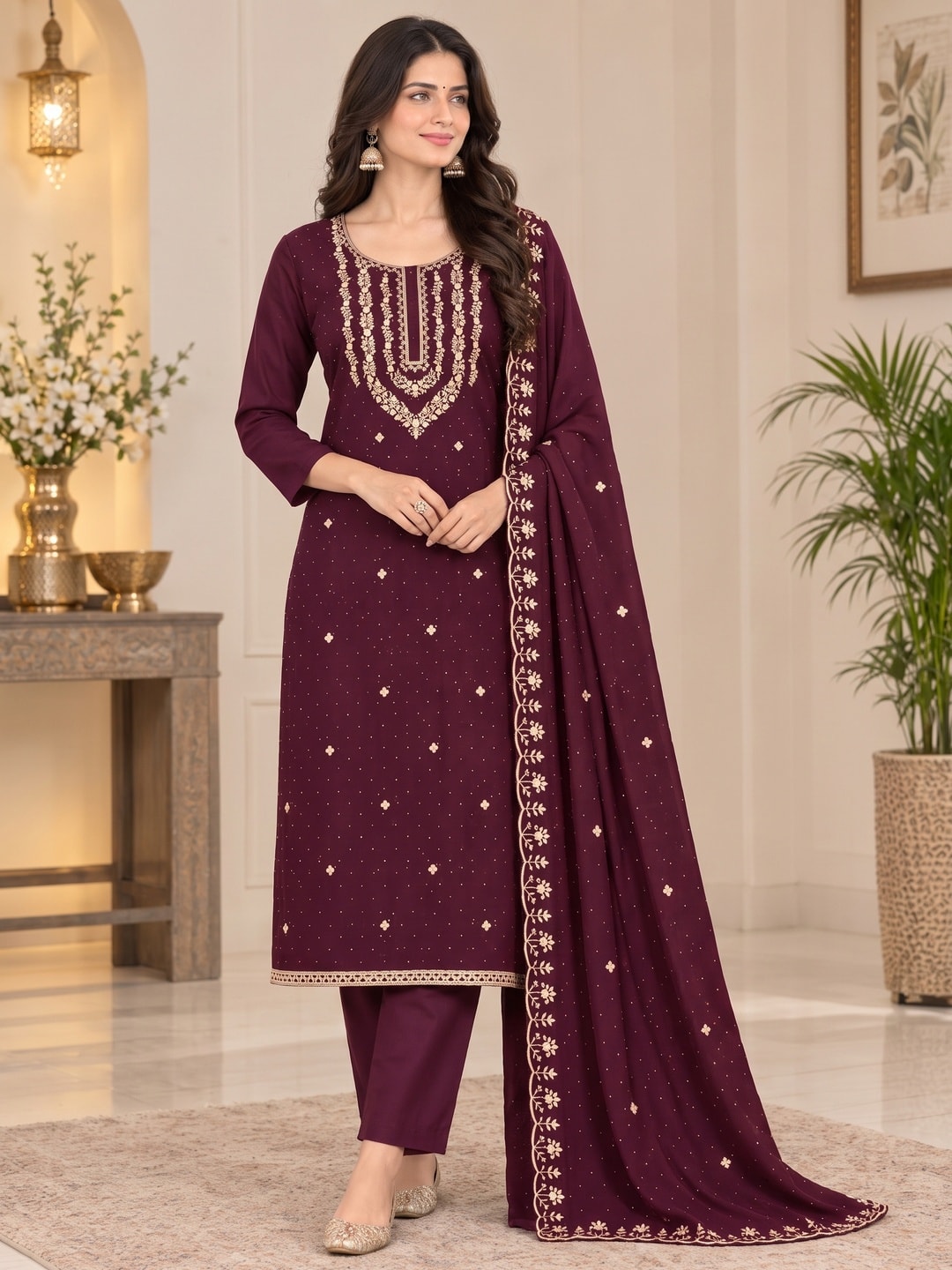 Peachmode Wine Zari Work Georgette Dress Material - Image 2