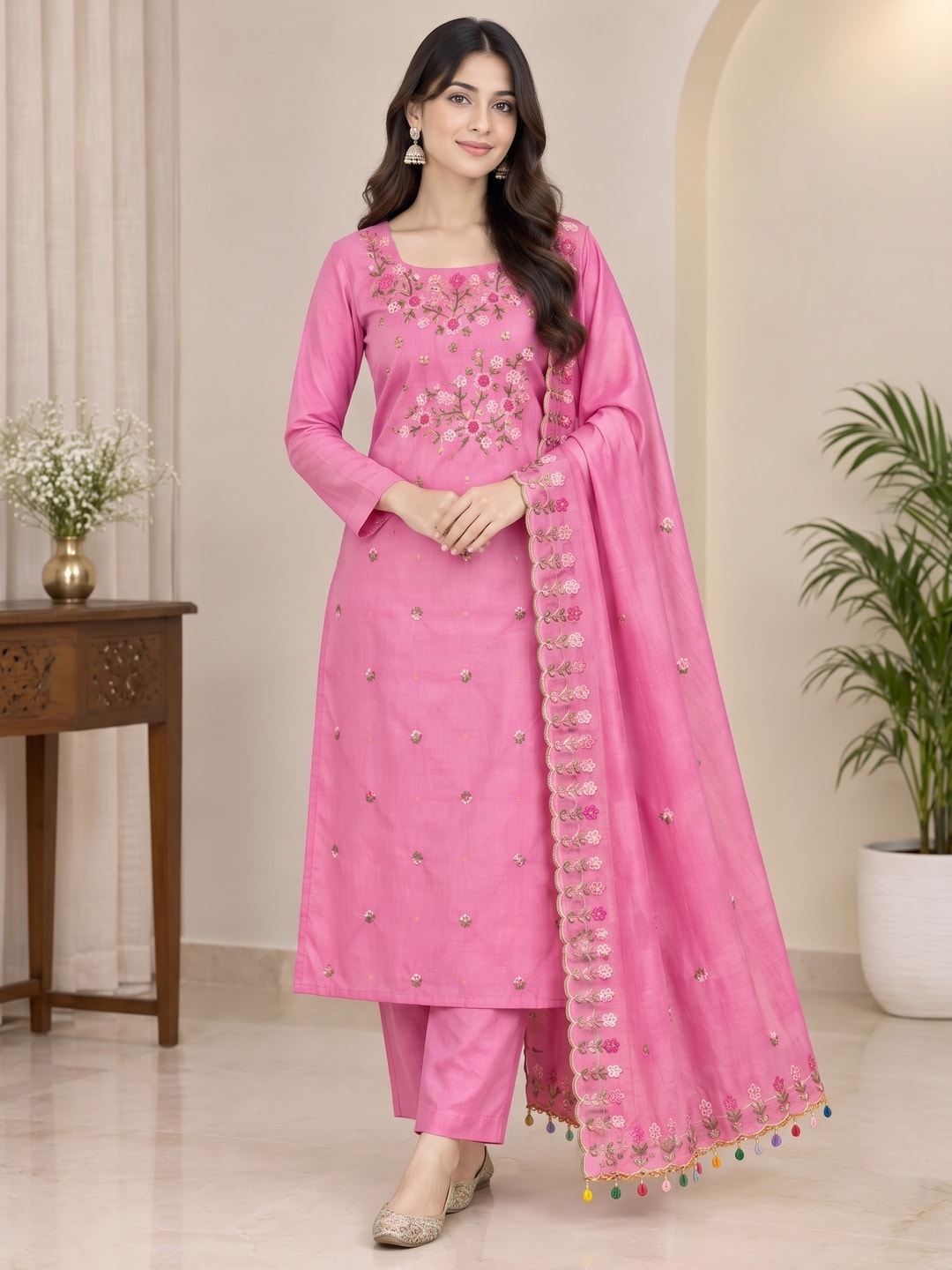 Peachmode Pink Multi Thread Floral Embroidered Jalpari Silk Dress Material - Image 2