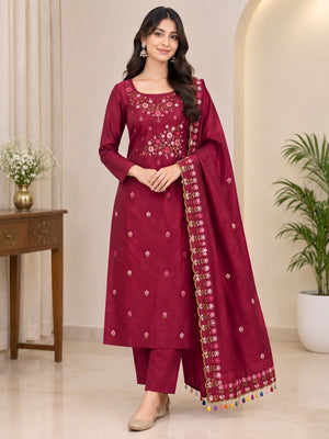 Peachmode Maroon Multi Thread Floral Embroidered Jalpari Silk Dress Material - Image 2