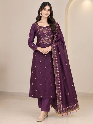 Peachmode Wine Multi Thread Floral Embroidered Jalpari Silk Dress Material - Image 2