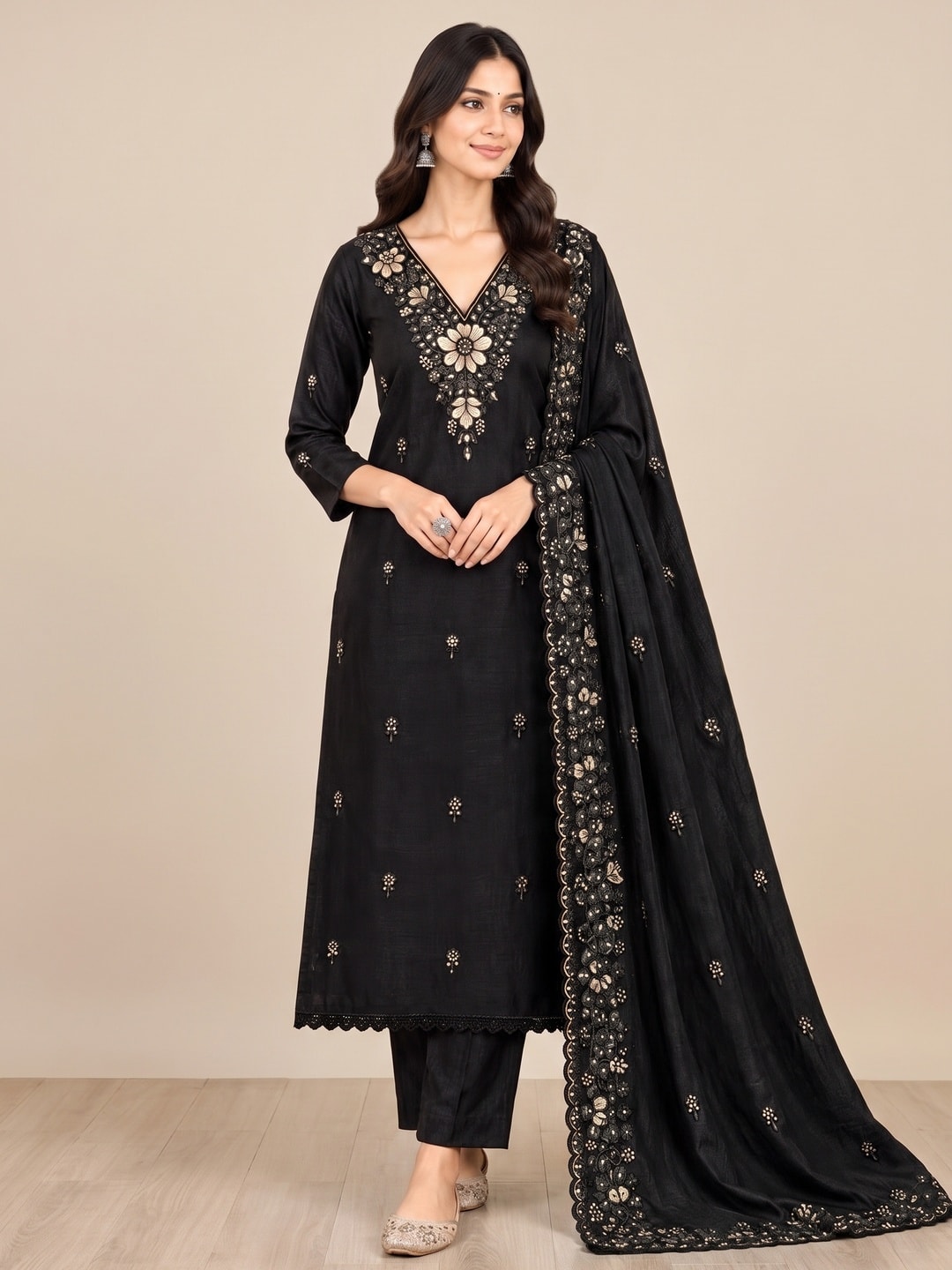 Peachmode Black Thread Sequin Embroidered Chinon Silk Dress Material - Image 2