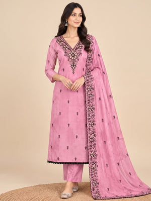 Peachmode Pink Thread Sequin Embroidered Chinon Silk Dress Material - Image 2