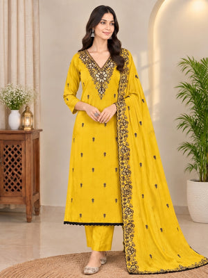 Peachmode Mustard Thread Sequin Embroidered Chinon Silk Dress Material - Image 2