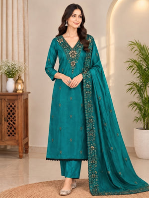 Peachmode Rama Green Thread Sequin Embroidered Chinon Silk Dress Material - Image 2