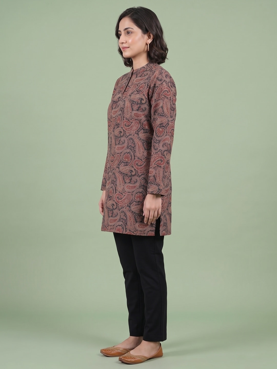 Peachmode Brown Woolen Paisley Printed Kurti - Image 3