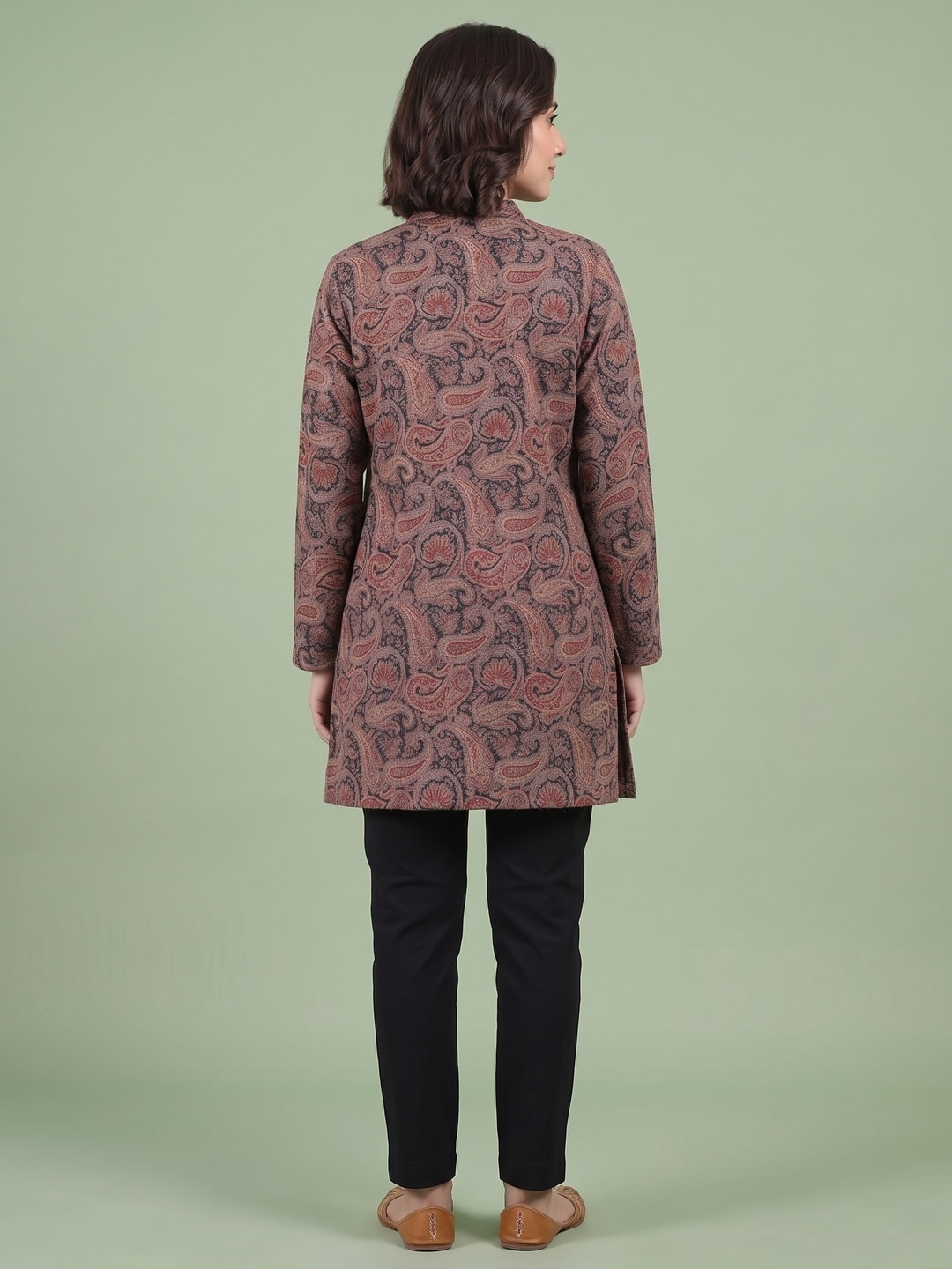Peachmode Brown Woolen Paisley Printed Kurti - Image 4