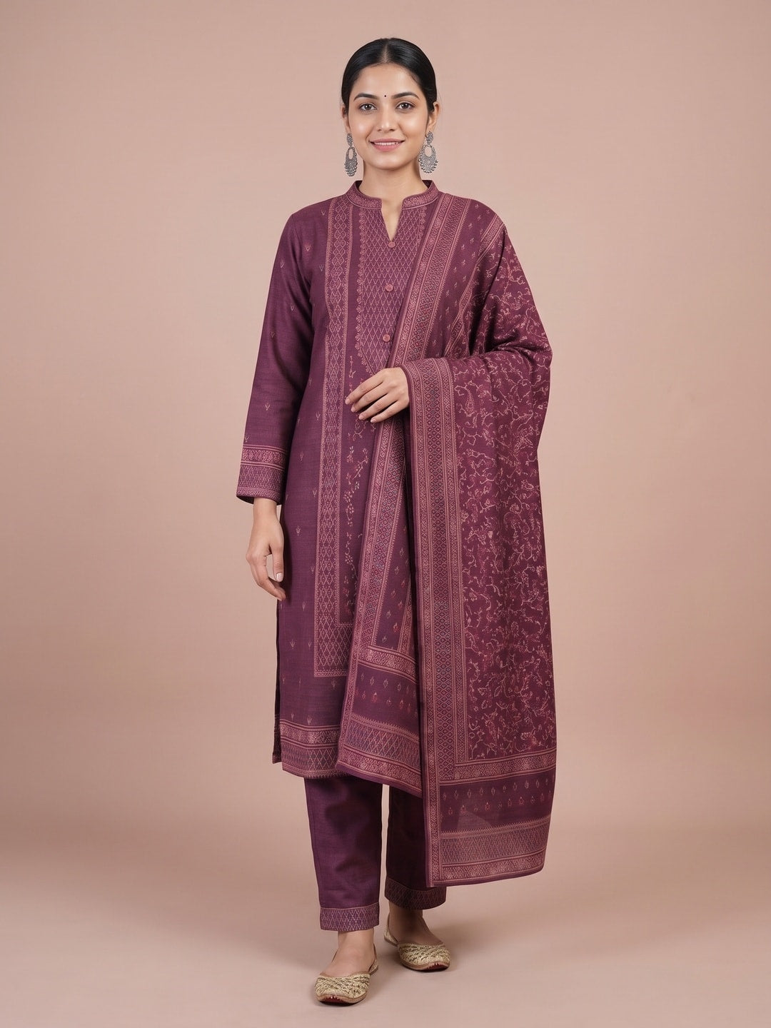 Peachmode Wine Woolen Motif Salwar Suit With Dupatta - Image 1