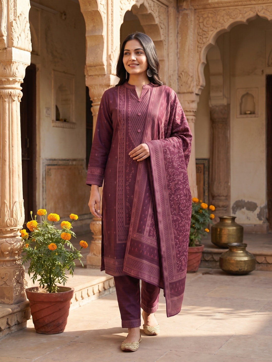 Peachmode Wine Woolen Motif Salwar Suit With Dupatta - Image 2
