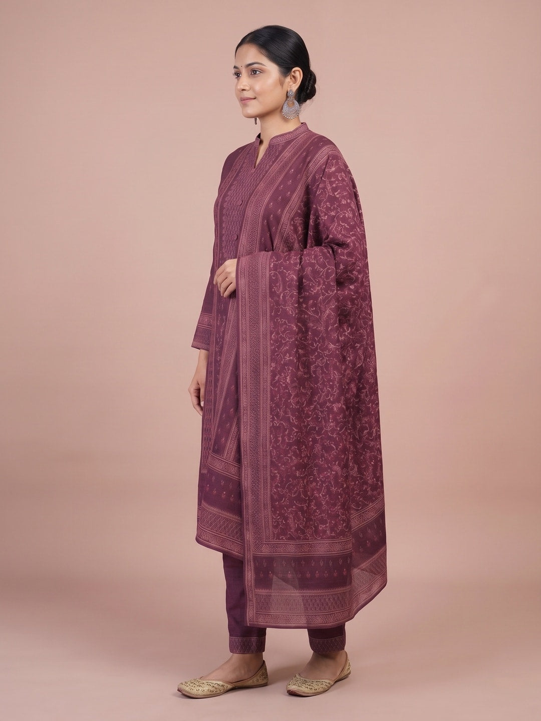 Peachmode Wine Woolen Motif Salwar Suit With Dupatta - Image 3