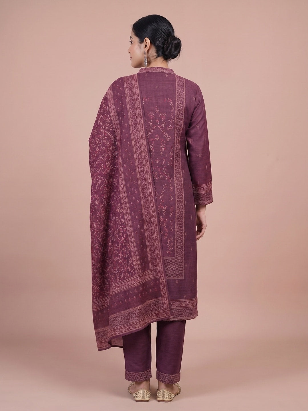 Peachmode Wine Woolen Motif Salwar Suit With Dupatta - Image 4