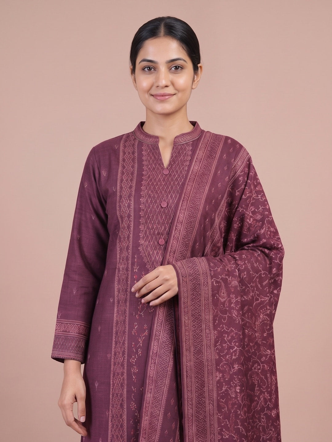 Peachmode Wine Woolen Motif Salwar Suit With Dupatta - Image 5